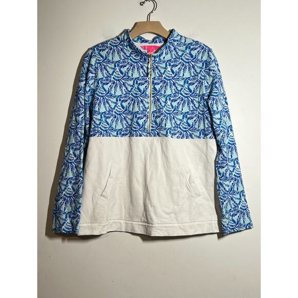 Lilly Pulitzer EUC Whisper Blue Print Asher Popover Sweatshirt 1/4 Zip Top L - Picture 2 of 8